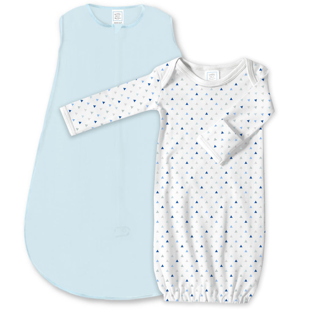 Cotton Knit zzZipMe Sack Set - Pastel Blue + Tiny Triangles Shimmer Gown
