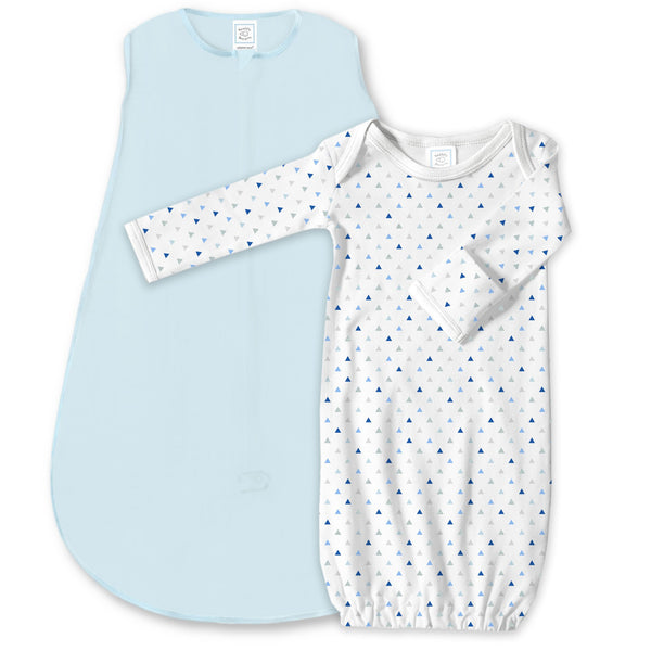 Cotton Knit zzZipMe Sack Set - Pastel Blue + Tiny Triangles Shimmer Gown