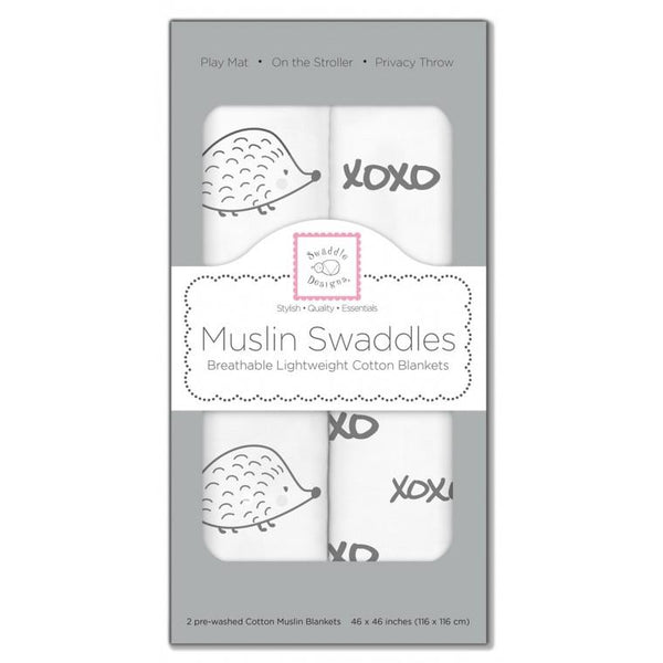 Muslin Swaddle Blankets - Hogs and Kisses (Set of 2), Soft Black