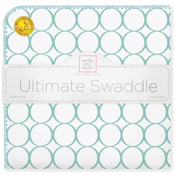 Ultimate Swaddle Blanket - Mod Circles on White, SeaCrystal